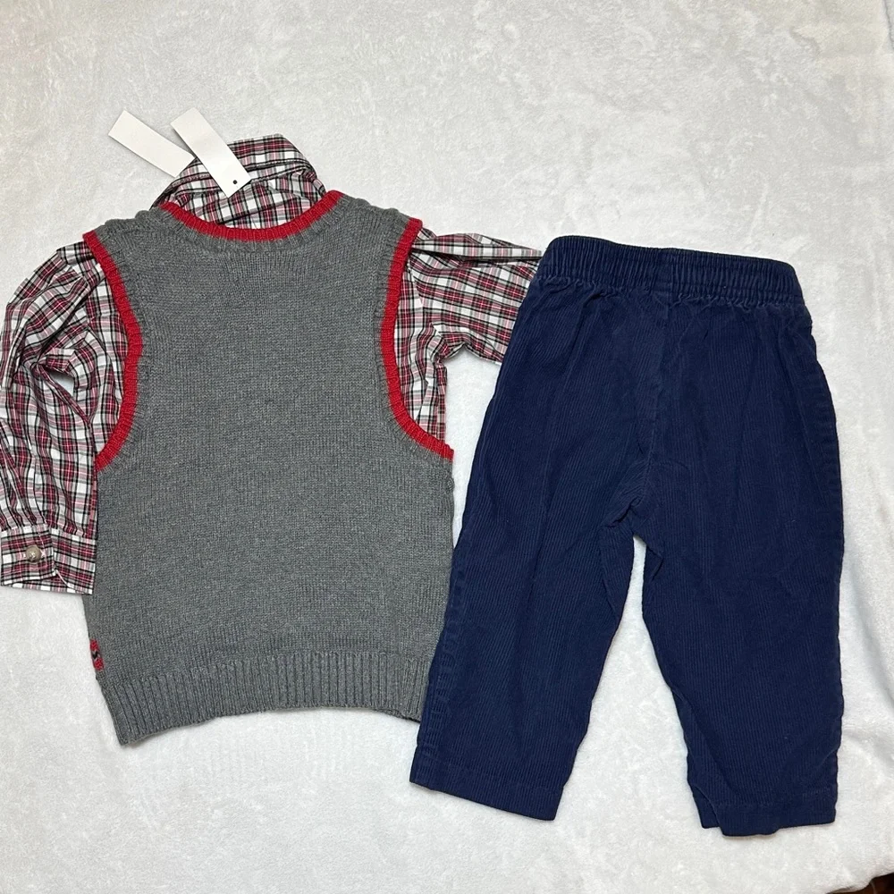 NWT Goodlad 3pc Gray Reindeer Sweater Vest,Plaid Shirt, and Blue cord Pants 18mo